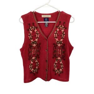 I.V.Y Collectibles Women's Hand Embroidered Sweater Vest Garnet Red Size XL
